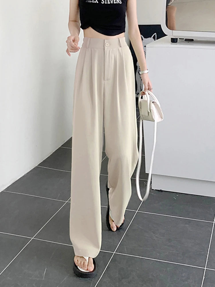 Voguable  Elastic High Waist Women Suit Pants Casual Loose Summer Straight Trousers Korean Simple Solid Female Pant voguable