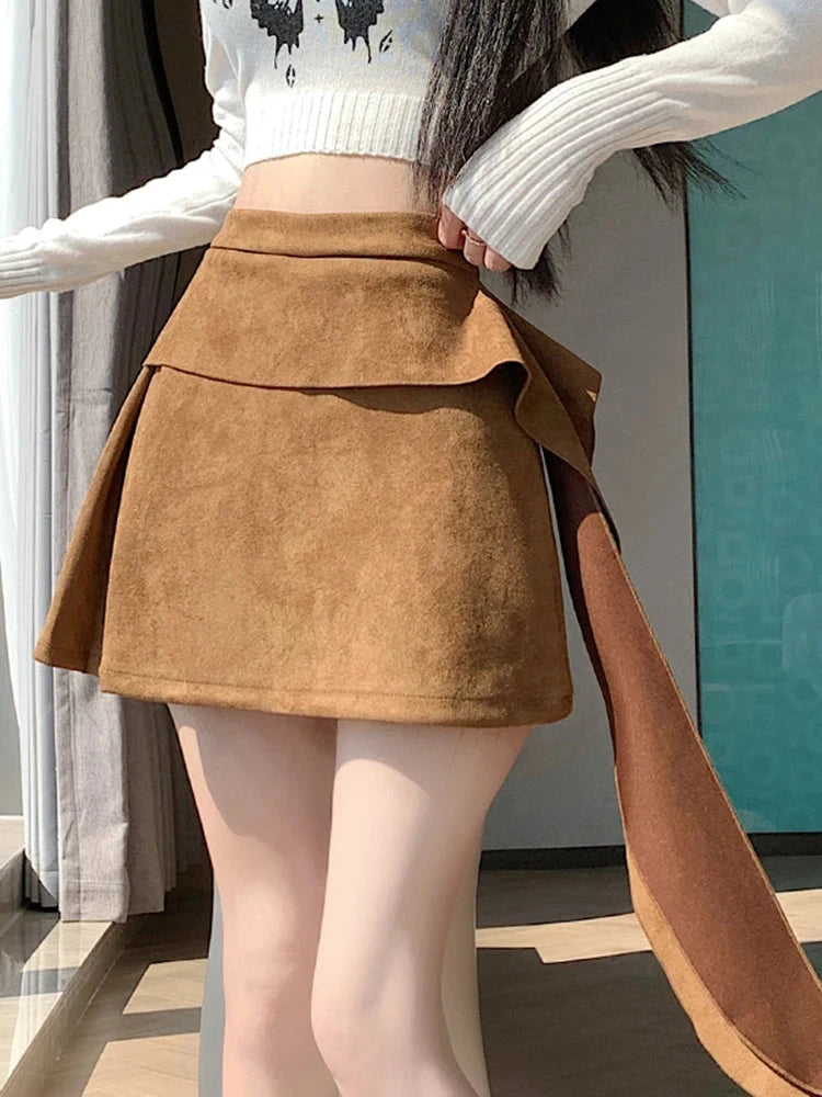 Sexy Slim Faux Suede Skirt Women High Waist Streetwear Vintage Bow Mini Skirts Fall Winter Casual American A Line Skirt New voguable