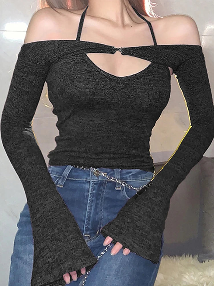 Y2K Top Women Long Sleeve T-Shirts 2 Piece Tops Halter Tanks Backless Crop Top Off Shoulder Tees Sexy Christmas Clothes voguable