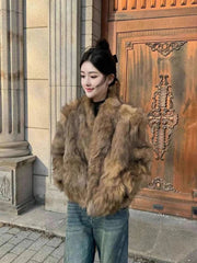 Elegant Vintage Faux Fur Coat Women Slim Long Sleeve Winter Faux Fox Jacket Korean Casual Open Stitch Retro Soft Warm Outwear voguable