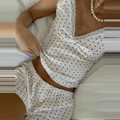 2 Piece Set Women Loungewear Cute Sweet Heart Lace Trim V Neck Cami Tops + Casual Shorts Sleeveless Crop Tops Pajamas Homewear voguable