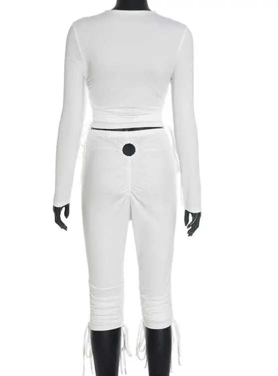 Voguable  Women's pullover with hollowed out circular pleats and adjustable drawstring, cropped pants with exposed navel set voguable