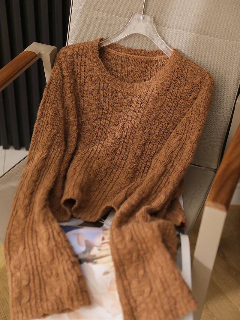 Cable Knit Crop Sweater for Women Long Sleeve Crew Neck Pullover Boxy-fit Plain Jumper Teen-girl Fall Winter Y2K Outfit voguable