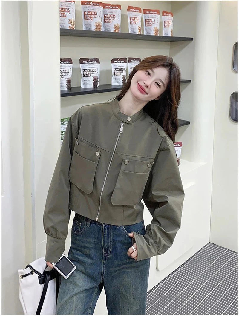 Streetwear Y2K Cropped Cargo Jacket Women Vintage Loose Pockets Harajuku Short Coat American Casual Fall O Neck Long Sleeve Tops voguable