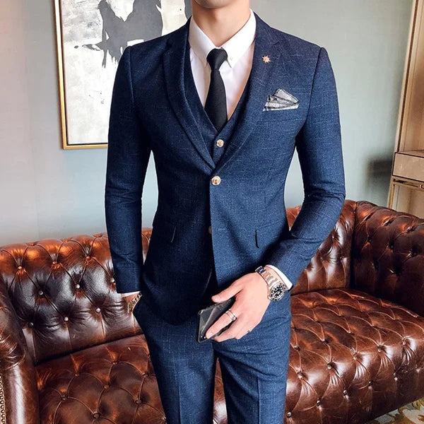 Voguable S-7XL ( Blazer + Vest + Pants ) Groom Wedding Dress Dark Plaid Classic Retro Men's Formal Business Suit Three-Piece Set voguable