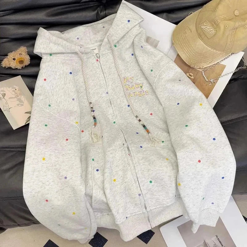 Vintage Dot Sweet Hoodies Women Letter Embroidery Cute Loose Sweatshirts Casual Preppy Style Long Sleeve Lady Japan Tops voguable