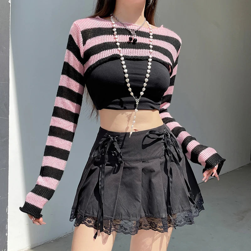 Voguable y2k Pink And Black Contrast Color Super-short Sweater Pullovers Dark Academia Cute Knitted Smock Tops Kawaii Jumper New voguable