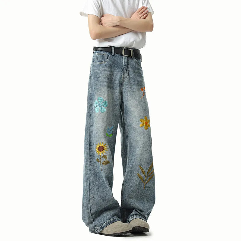 Jeans Men Washed Embroidered Jeans Loose Fit Straight Wide Leg Casual Denim Pants Fashion Trendy Streetwear Trousers Comfort voguable