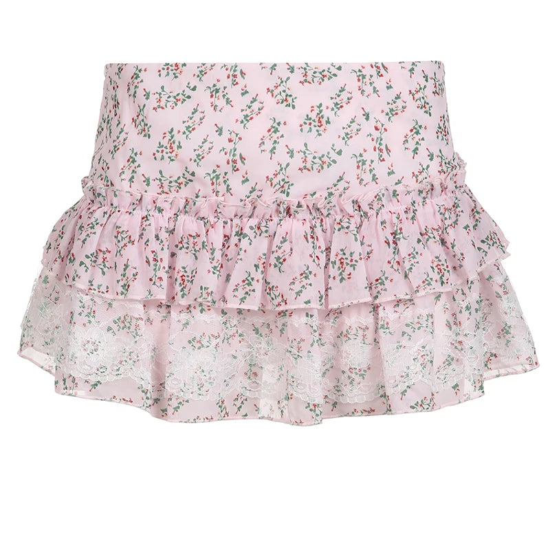 Voguable  Kawaii Floral Print Lace Stitching A-line Skirt Pink Low Waist Chiffon Skirts Y2K Coquette Lolita Skirts Soft Girls voguable