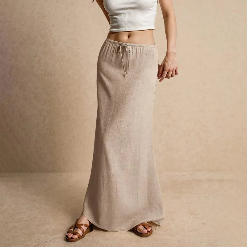 Voguable  Solid Color Straight Drawstring Elastic Waist Casual Ladies Skirt Summer Simple New Versatile Loose Long Skirt for Women voguable