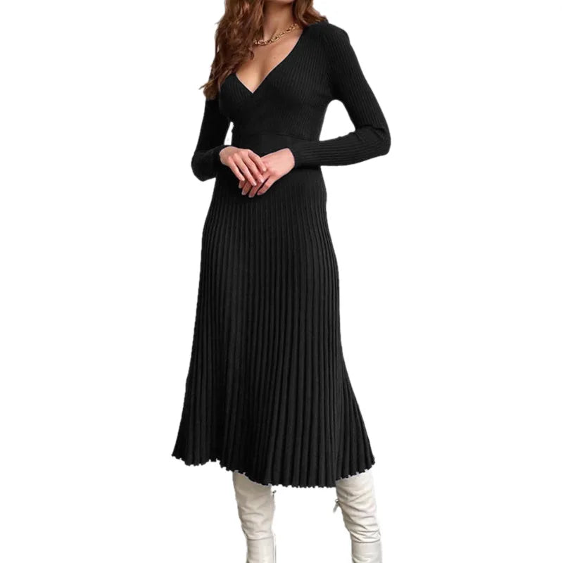 Women Spring And Autumn Solid Color Casual Pleated Mid-length Knitted Dress Fashion Long Sleeve O-neck Robe A-line Slim Vestidos voguable
