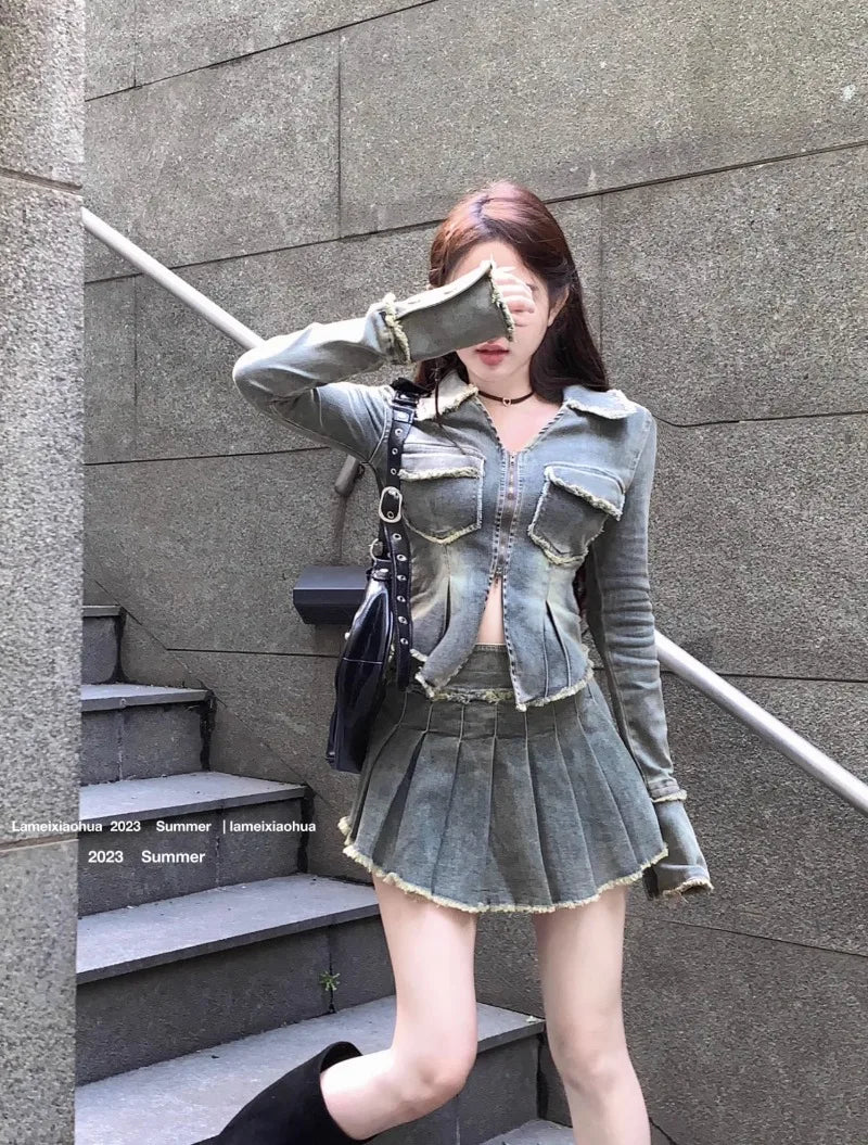 Voguable Autumn New Streetwear Distressed Washed Casual Long-sleeved Jacket Women + High Waist Pleated Denim Skirt Two-piece Suit voguable