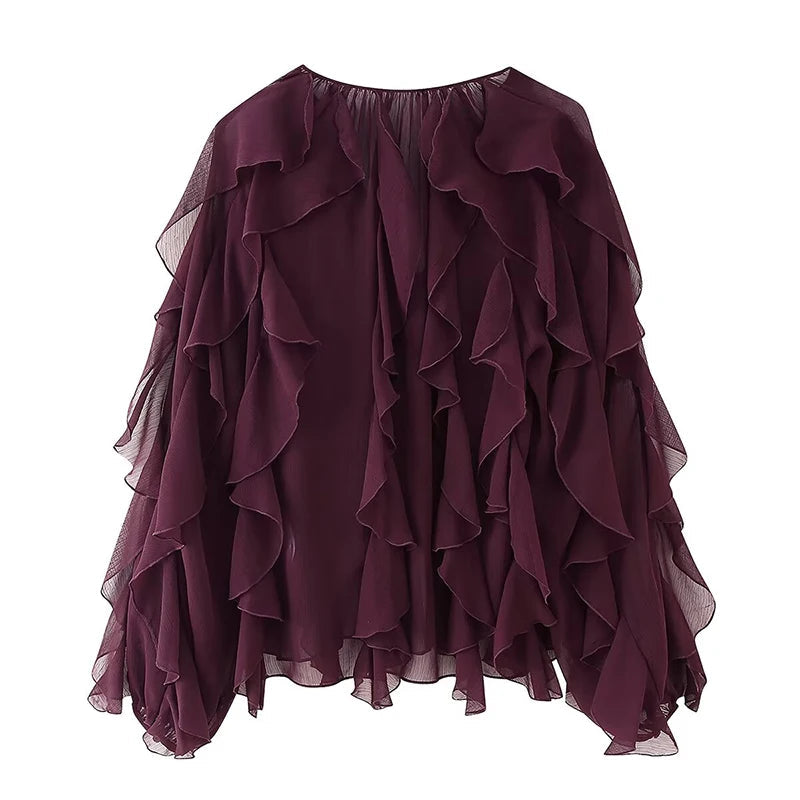 New Women Sexy Semi-sheer Ruffle Shirt Long Sleeve V Neck Front Button Spring Blouse Burgundy Blusas Mujer voguable