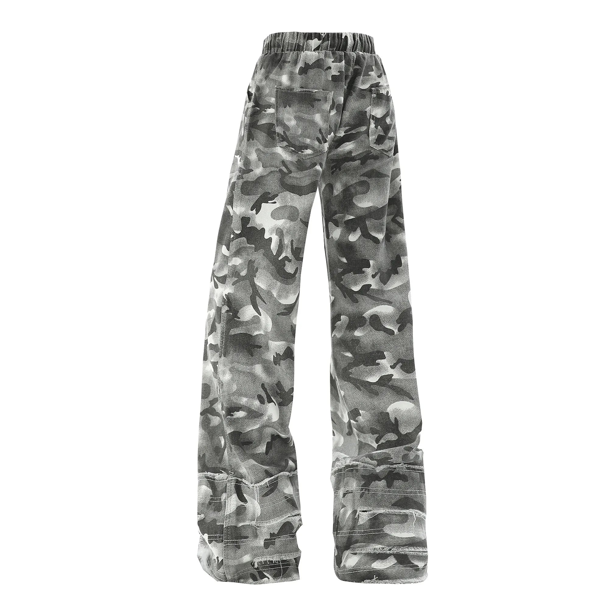 Men Camouflage Loose Fit Jeans Elastic Drawstring Waist Frayed Hem Streetwear Trendy Comfortable Stylish Denim Urban Fashion voguable
