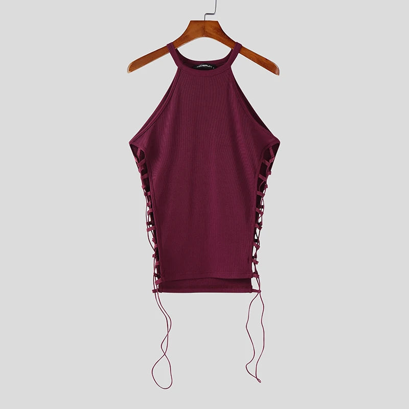 Fashion Men Tank Tops Solid Color Drawstring Hollow Out Sexy Male Vests Summer Streetwear 2025 Skinny Men Clothing S-3XL voguable