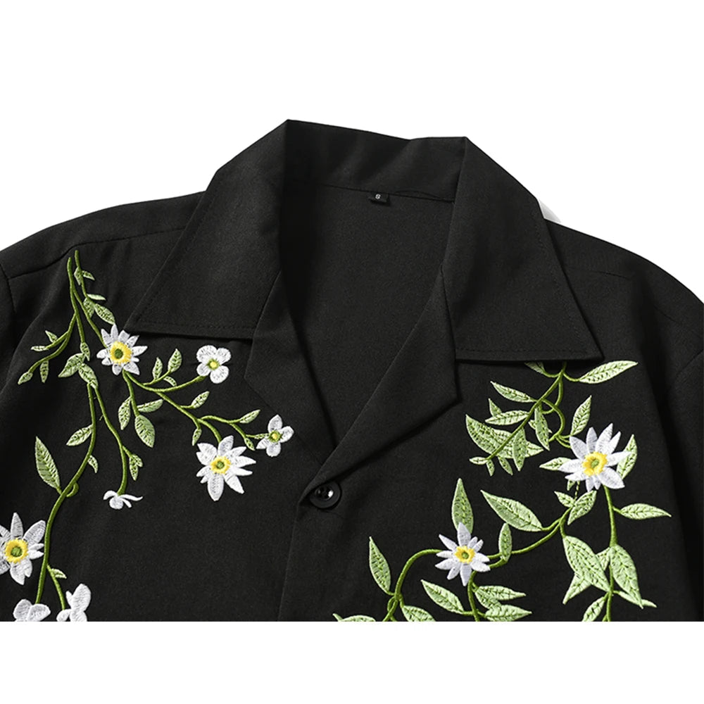 Dark Icon Embroidery Cool Material Men's Shirt Short Sleeve Hawaii Beach Shirts Black Beige voguable