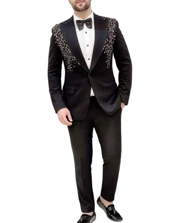 Voguable  Beaded Men Suits for Wedding Prom Party 2 Pieces Slim Fit Groom Tuxedo Male Peak Lapel Fashion Suit Jacket with Pants voguable