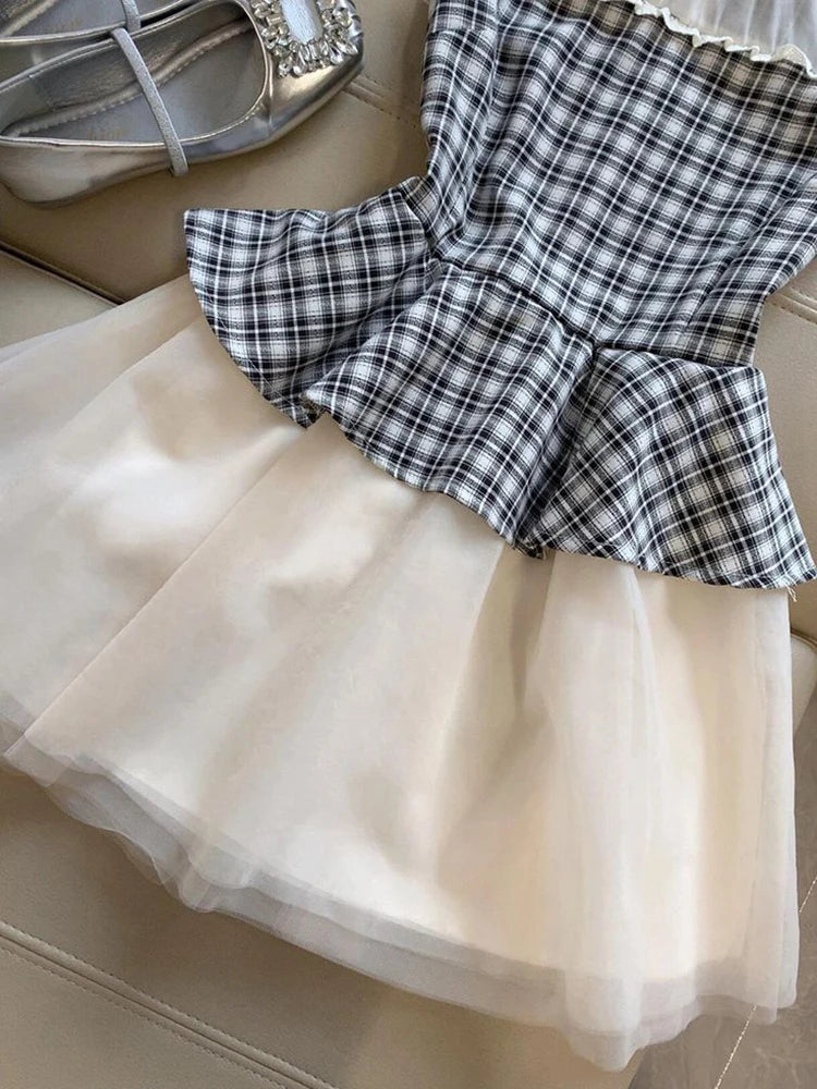 Mesh Patchwork Plaid Dress Women Slim Sweet Fashion Flying Sleeve Mini Dress Chic Lace Ruffles Elegant Korean Lady Vestidos voguable