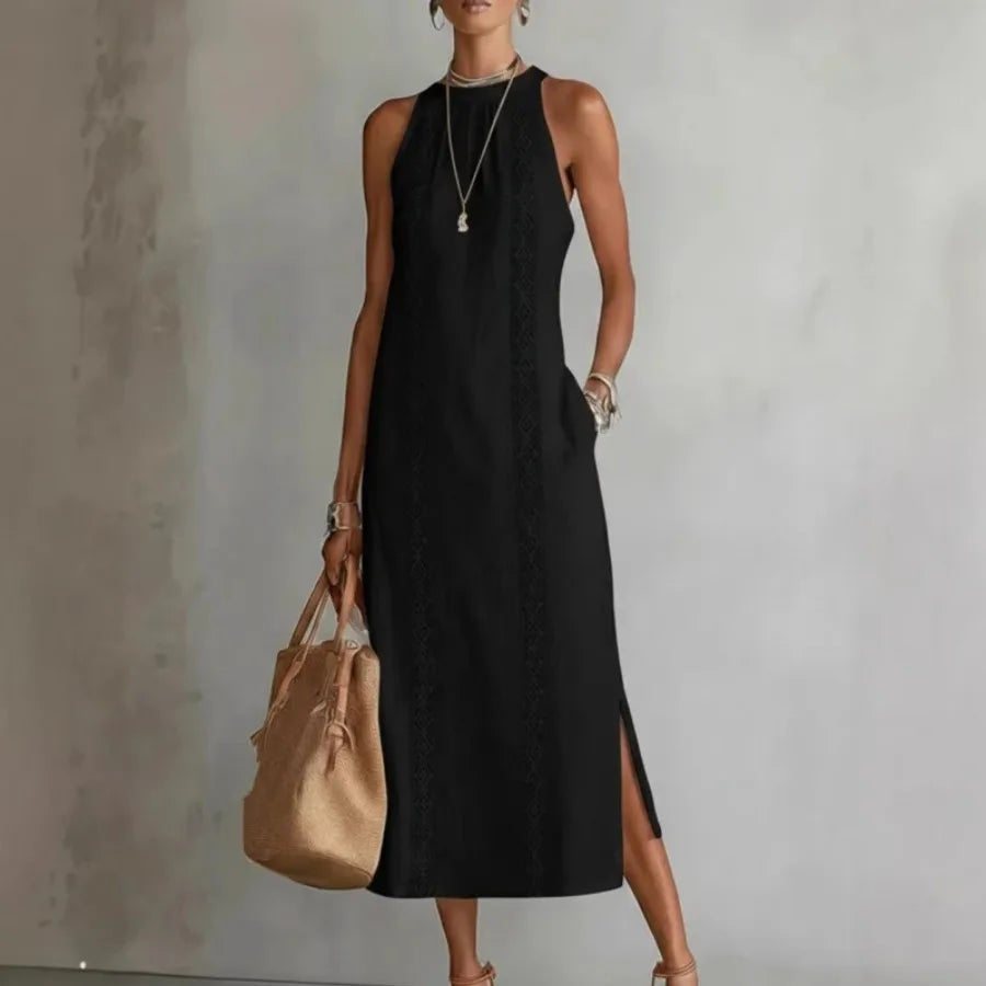 Voguable  European and American - spring and summer women's clothes hanging neck vacation solid color lace splicing sleeveless dres voguable