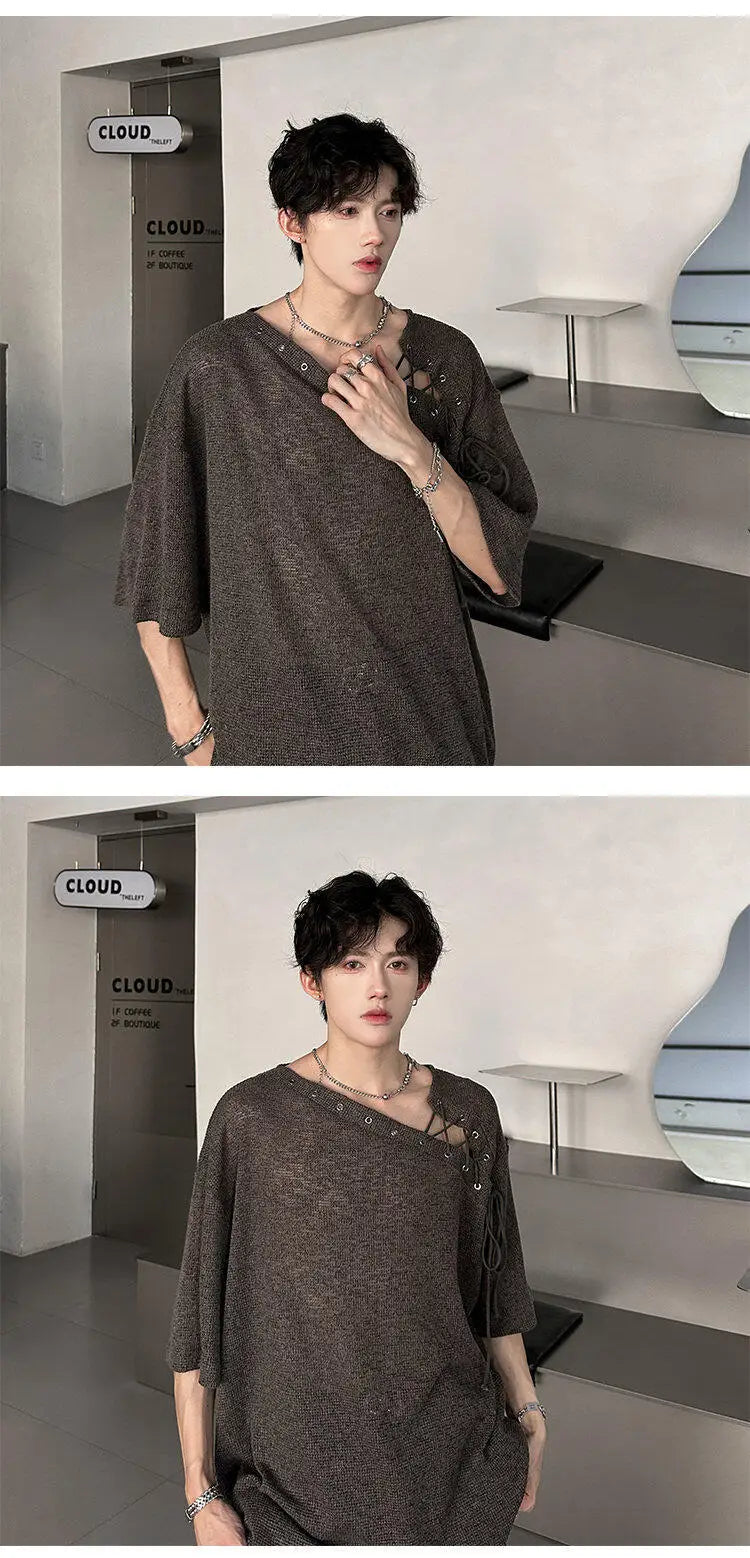 Korean Style Men's T-shirts Short Sleeve Casual Lace-up Design Solid Color Tees Hollow Out Loose Male Tops Summer 9W3719 voguable