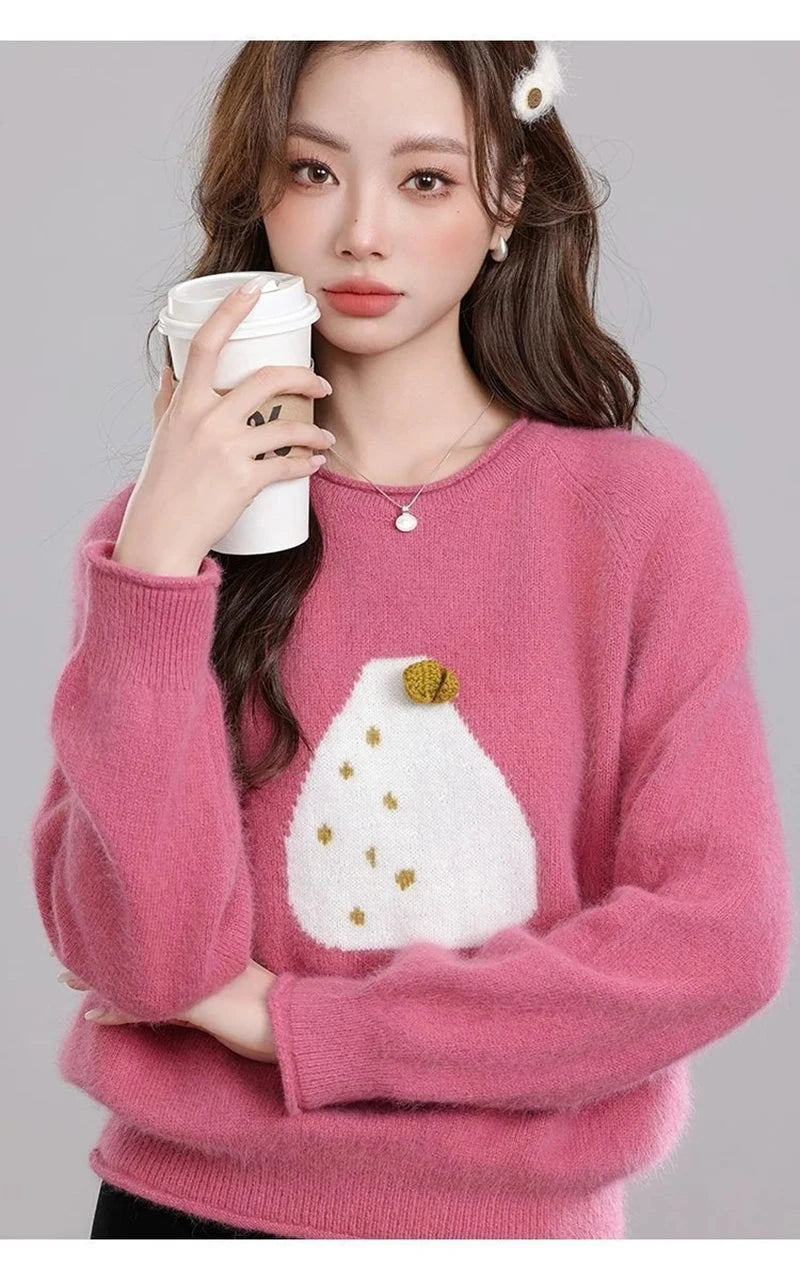 Chic Print Sweet Sweaters Women Casual Preppy Style Cute O Neck Pullover Loose Long Sleeve Fashion Fall Winter Korean Jumper New voguable
