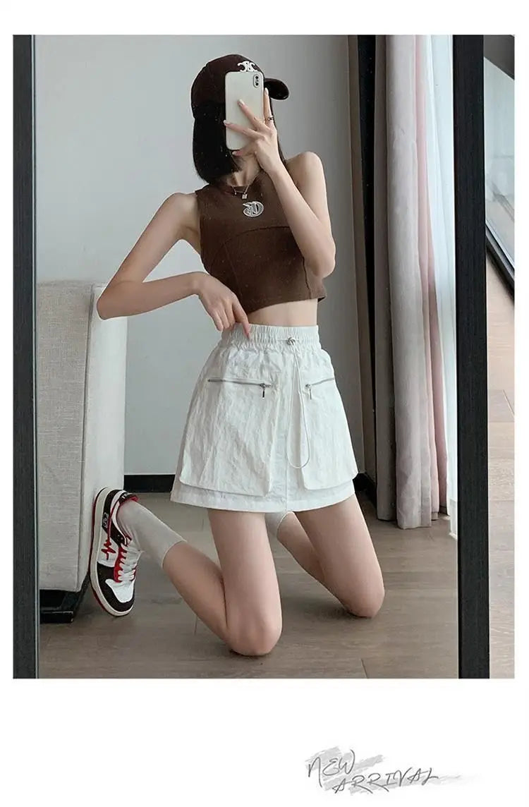 High Waist Drawstring Summer Women Short A Line Skirt Vintage Casual Cargo Big Zipper Pocket Skirt with Safety Shorts Hip Skirts voguable