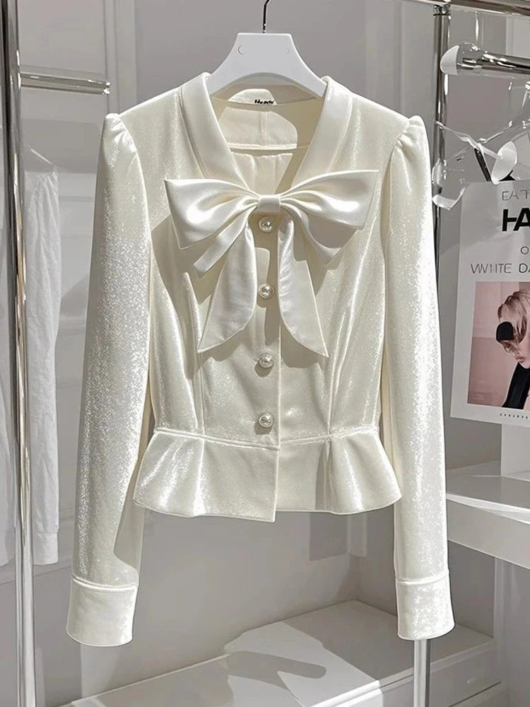 Chic Bow Velvet Elegant Shirt Women Slim Long Sleeve V Neck Fashion Blouse Korean Casual Fall Single Breasted Female Sweet Tops voguable