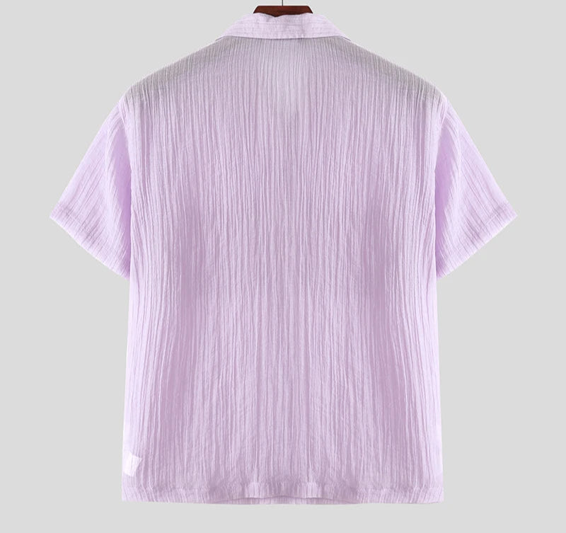 Men Shirt Solid Color Lapel Short Sleeve Summer Pleated Men Clothing Streetwear 2025 Pockets Fashion Male Shirts Tops voguable