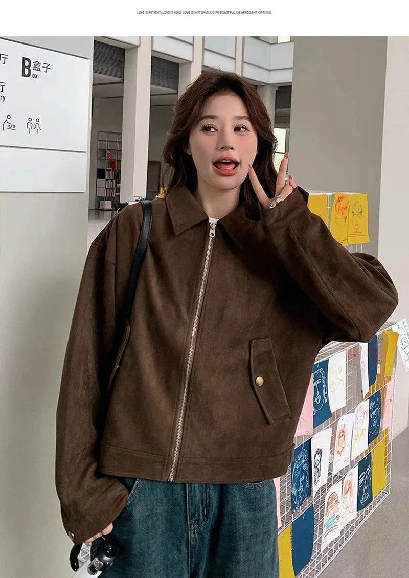 American Y2K Jacket Women Vintage Loose Faux Suede Long Sleeve Casual Coat Hip Hop Fall Winter Lady Streetwear New Outwear voguable