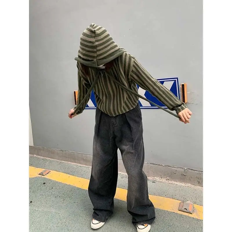 2025 Spring Autumn Korean Hooded Loose Harajuku Sweaters Women Striped Zipper Cardigan Knitted Fashion Gothic Y2k Tops Jumper voguable