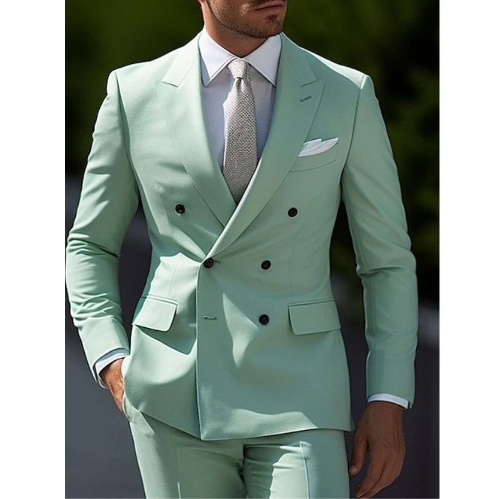 Voguable Sage Green Men's Wedding Suits Solid Color 2 Piece Daily Plus Size Double Breasted Six-buttons Formal Business Suits voguable