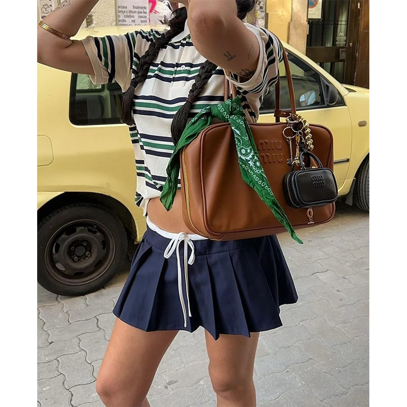 Women American Retro Contrasting Striped T Shirt Women Polo Collar Short Sleeve Preppy Vintage Tees Y2K Tops voguable