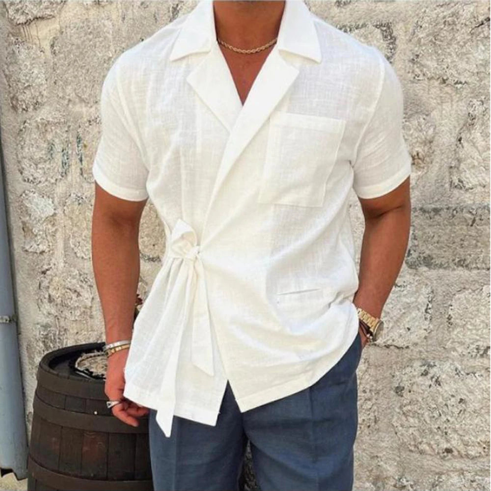 Summer Solid Color Linen Short-sleeved Shirt Suit Lapel Strap French Elegant Gentleman Loose Casual Simple Top Men's Clothing voguable