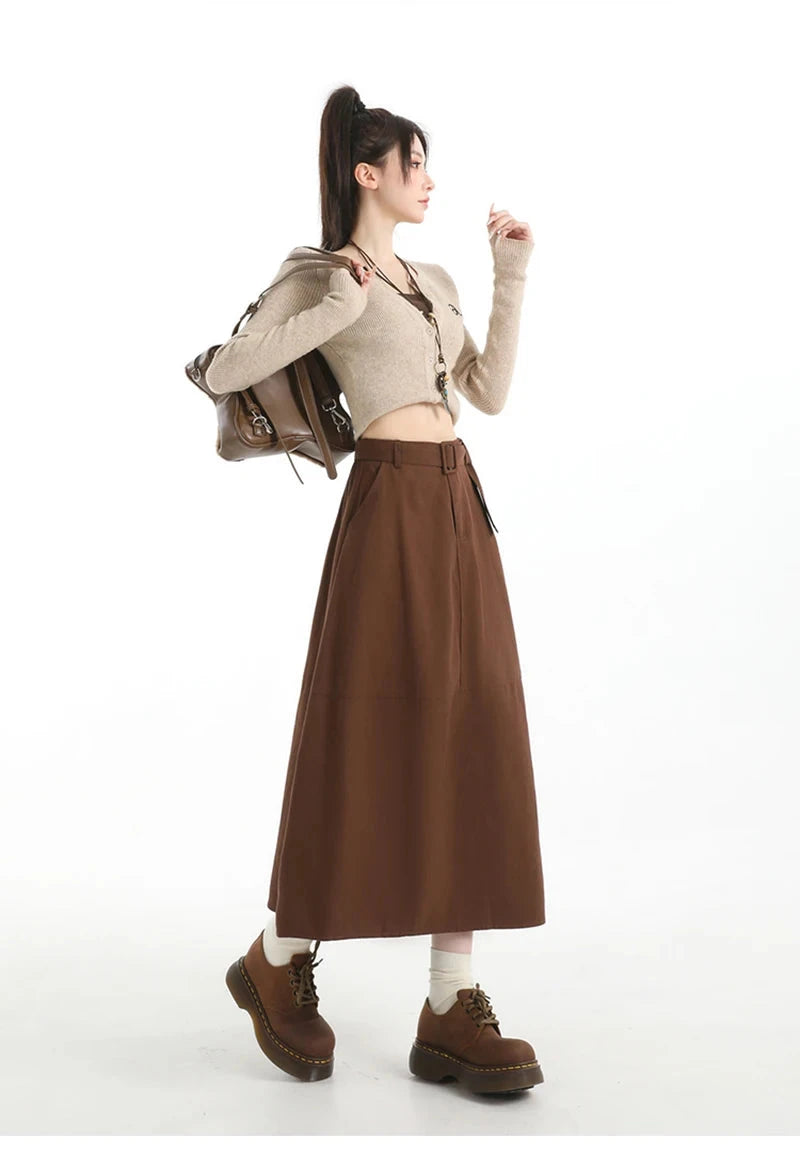 Retro Belt Long Skirt Women Casual Sweet High Waist A Line Skirts Preppy Style Fall Winter Lady Korean Vintage Long Skirts voguable
