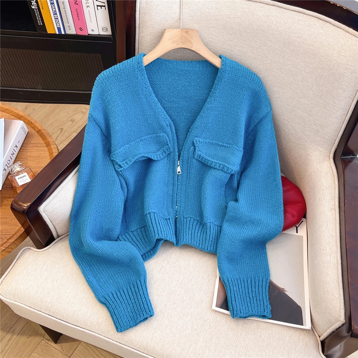 Women's Zip Up Knit Cardigan with Pocket V-neck Zipper Front Crop Sweater Jacket Female Teen-girl Autumn Winter Y2K Outfit voguable