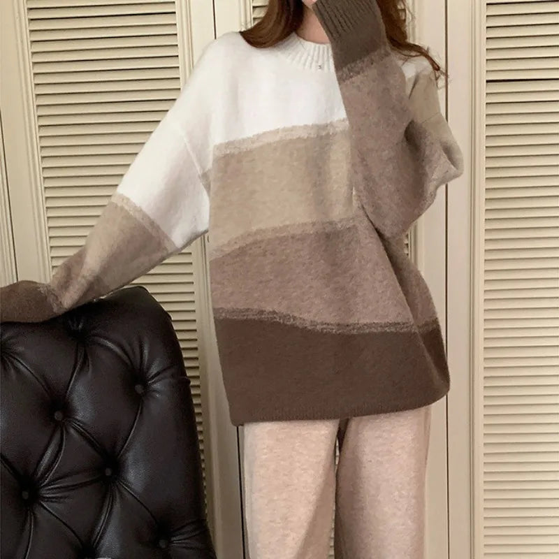 Voguable  Color Blocked Loose Casual Stand Collar Women's Mid To Long Knitted Sweater Autumn Winter New Lazy Style Soft Pullover Lady Tops voguable