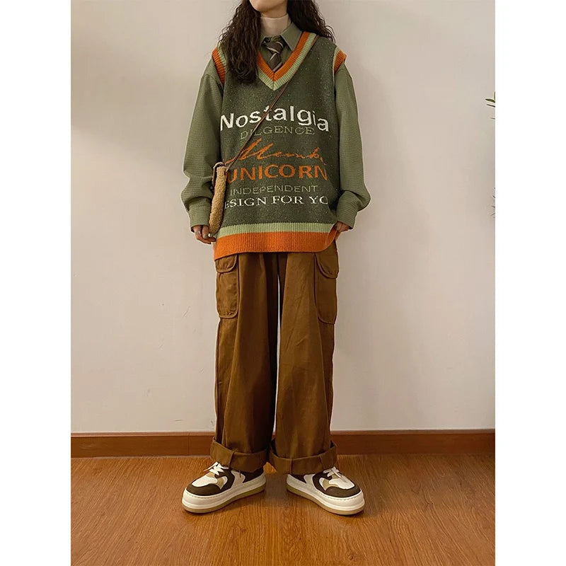 Voguable Vintage Harajuku Letter Knitted Vest Women Preppy Style Loose Bf Y2K Tops Japan Loose All Match V Neck Casual Sweater Vest voguable