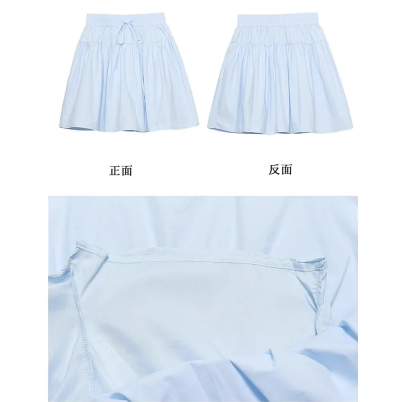 Cotton Casual Short A-line Skirt for Women High Waist Blue Elastic Waist Tie bow Sweet Loose Sports Skirt with Safety Shorts voguable