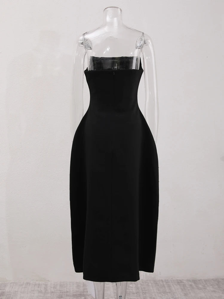 French Style Diamond Spliced Party Maxi Dresses For Women Slash Neck Sleeveless High Waist Black Female Dress 2025 voguable