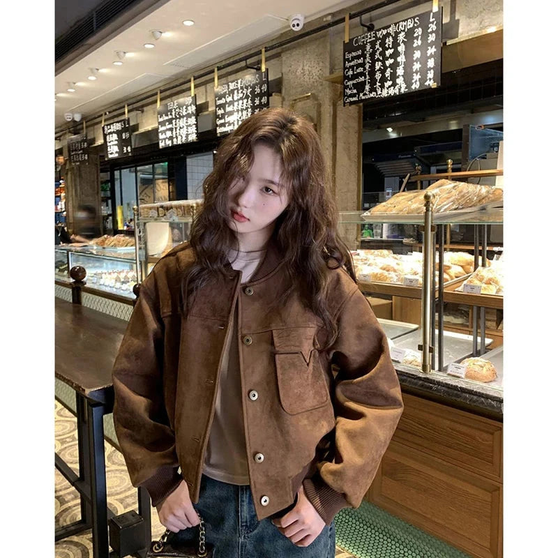 Y2K Retro Baseball Jacket Women Faux Suede Long Sleeve Fall Winter Coat Streetwear Casual American Vintage O Neck Bf Tops voguable