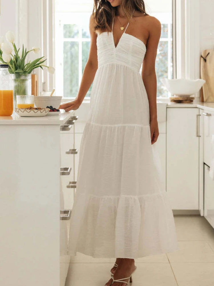 Voguable  Women's Summer Chiffon Halter V Neck Sleeveless Floral Flowy A Line Maxi Dress Boho Backless Tiered Swing Long Beach Dresses voguable
