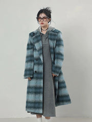 Autumn Winter Long Warm Colorful Blue Plaid Woolen Coats for Women Shoulder Pads Double Breasted Korean Fashion voguable