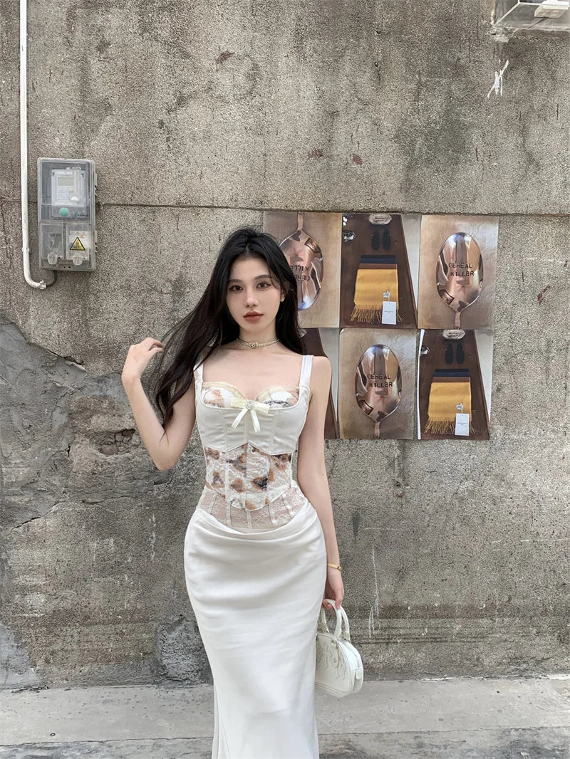 Voguable 2024 Spring Streetwear Contrast Color Printed Bow Sexy Camisole Women + Lace Spliced Casual Mid-Length Skirt Two-Piece Suit voguable