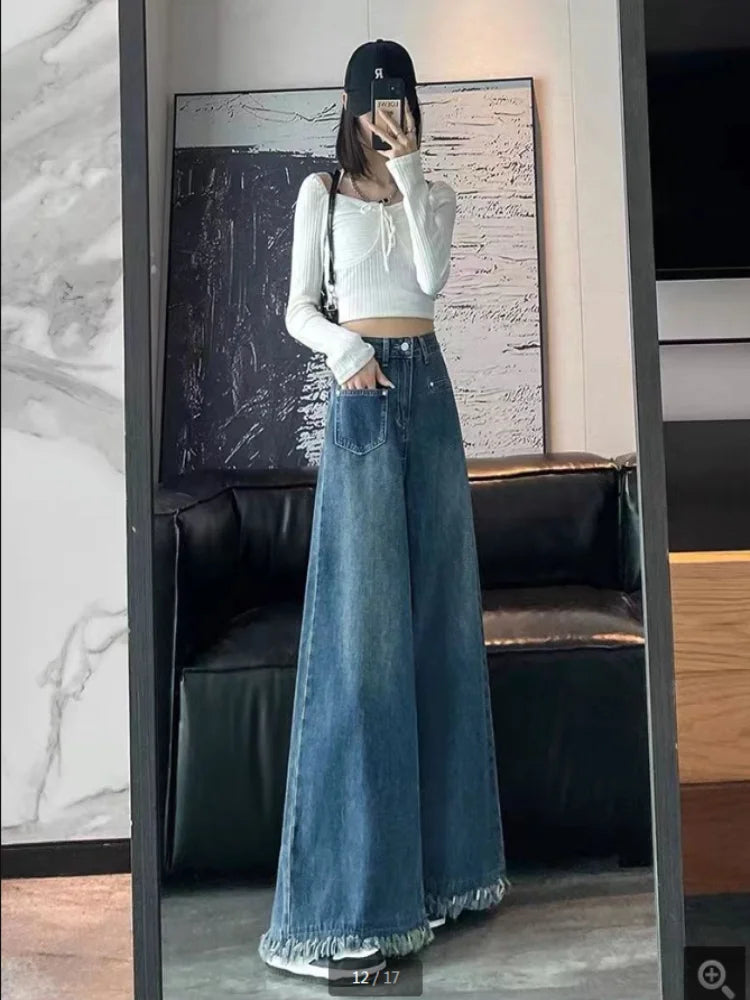 Voguable  Washed Burrs Wide Leg Denim Trousers Women's Spring Autumn New Fashion Vintage High Waist Loose Street Mop Pants voguable