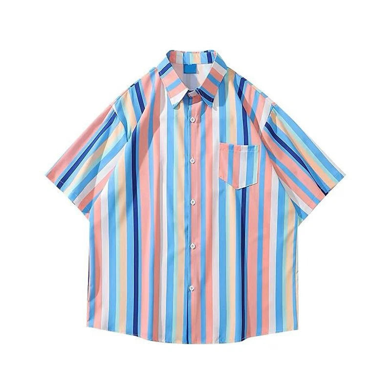 Voguable  American Fashion Striped Contrast Printed Short-sleeved Shirt Korean Version Summer Loose And Versatile Couple Shirt Jacket voguable