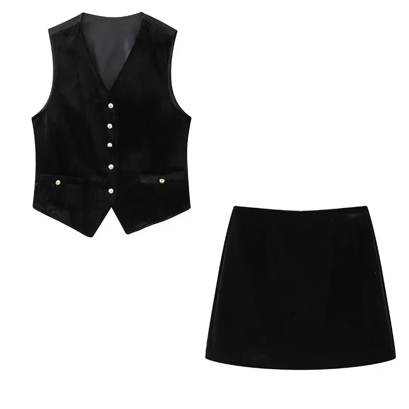 Voguable Vintage Women Black High Waist A-line Velvet Mini Skirt voguable