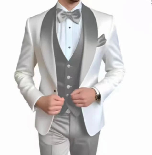 Voguable  Elegant Classic High-Quality Men Suit 3pcs Set with Satin Collar Jacket Vest And Trousers Business Wedding Banquet Customizable voguable