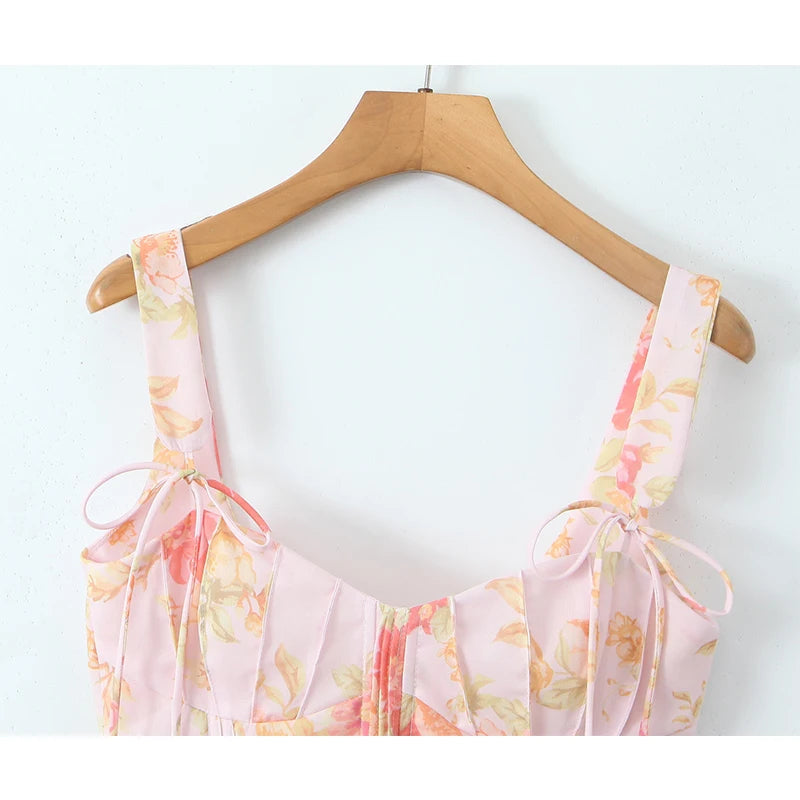 New Women Floral Print Pink Bone Slim Tank Top Pleated Ruffle Hem Summer Corset Crop Top Holiday ropa de mujer voguable