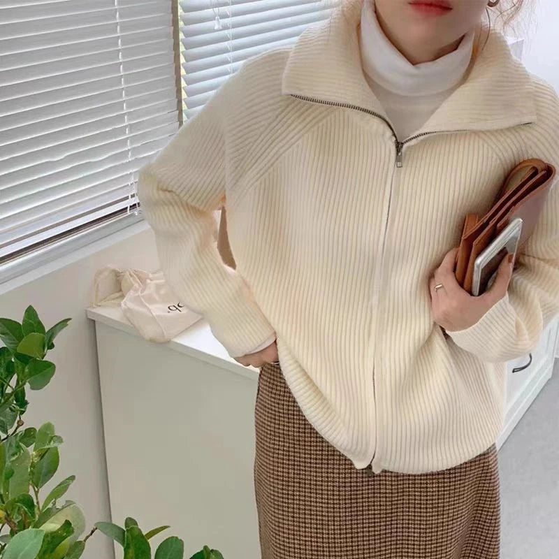 Rib Knit Zip Up Cardigan for Women Zipper Front Raglan Long Sleeve Sweater Jacket Coat Comfy Knitwear Fall Winter Vintage Outfit voguable