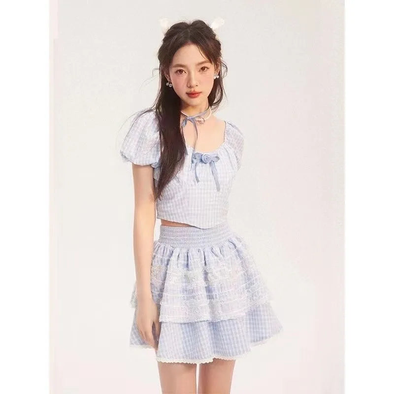 Voguable 2024 Summer Lolita Kawaii Suit Woman Lace Sweet Plaid Set Casual Short Tops Princess Party Y2k Mini Skirt Fashion Clothing Chic voguable